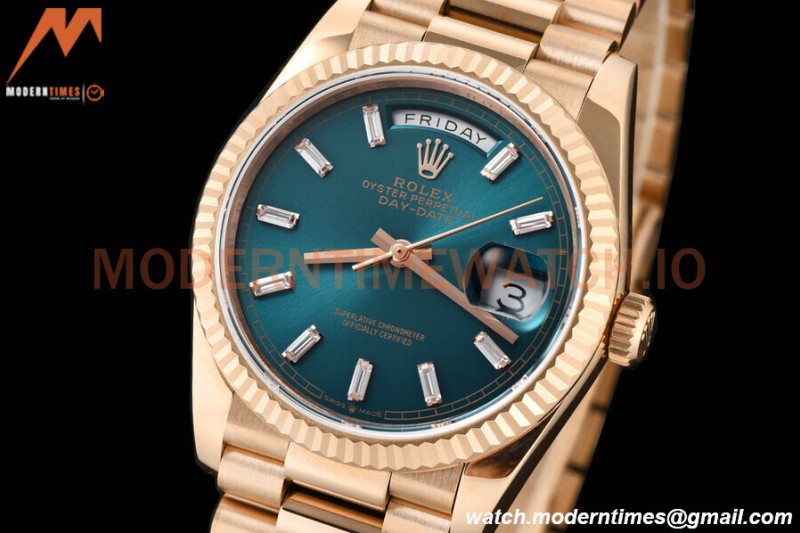 Rolex - DayDate 36mm 128235 Flt Pres RG/RG B-Grn/Dia V5 QF VR3255