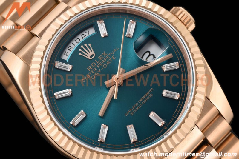 Rolex - DayDate 36mm 128235 Flt Pres RG/RG B-Grn/Dia V5 QF VR3255