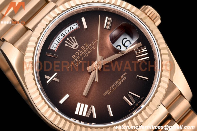 Rolex - DayDate 36mm 128235 Flt Pres RG/RG Brn/Rmn V5 QF VR3255