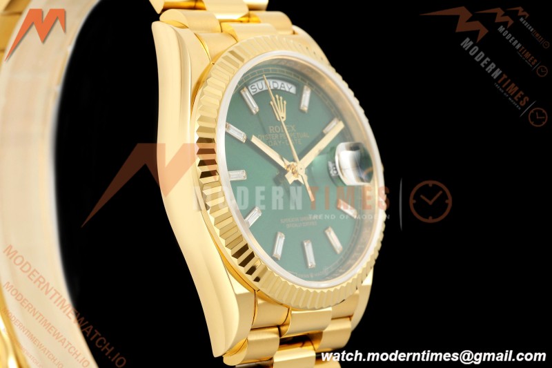Rolex - DayDate 128238 Gain Weight 36mm Flt Pres YG/YG Grn/Dia KF A2836 | 롤렉스 - 데이데이트 128238 게인 웨이트 36mm 플랫 프레스 YG/YG 그린/다이아 KF A2836
