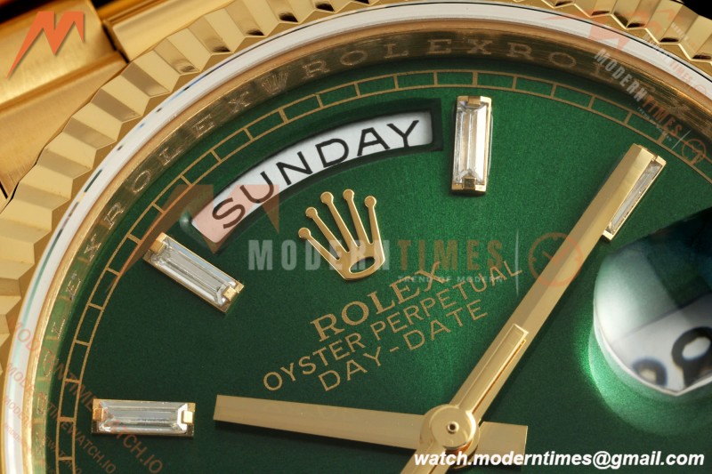 Rolex - DayDate 128238 Gain Weight 36mm Flt Pres YG/YG Grn/Dia KF A2836 | 롤렉스 - 데이데이트 128238 게인 웨이트 36mm 플랫 프레스 YG/YG 그린/다이아 KF A2836