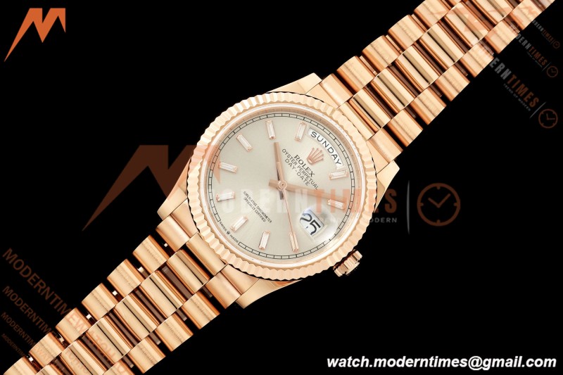 Rolex - DayDate 128235 Gain Weight 36mm Flt Pres RG/RG Silv/Dia KF A2836 | 롤렉스 - 데이데이트 128235 게인 웨이트 36mm 플랫 프레스 RG/RG 실버/다이아 KF A2836