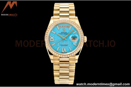 Rolex - DayDate 36mm 128238 Flt Pres YG/YG Turquoise Blue/Dia RAF A2836