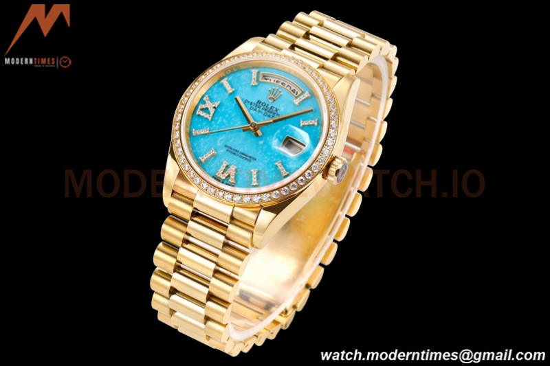 Rolex - DayDate 36mm 128238 Flt Pres YG/YG Turquoise Blue/Dia RAF A2836