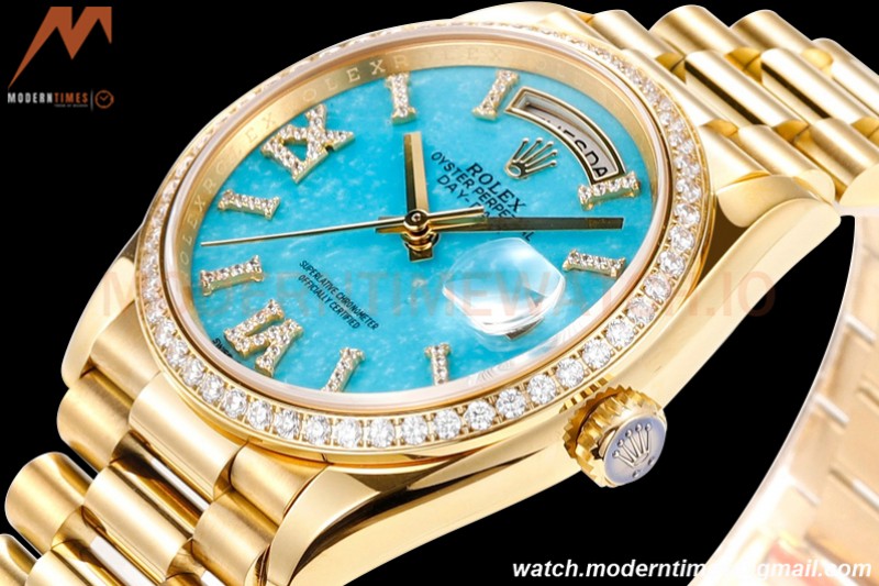 Rolex - DayDate 36mm 128238 Flt Pres YG/YG Turquoise Blue/Dia RAF A2836