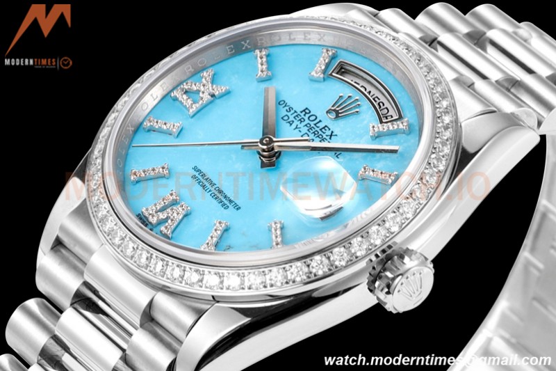 Rolex - DayDate 36mm 128349 Flt Pres SS/SS Turquoise Blue/Dia RAF A2836