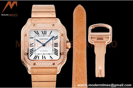 Cartier - Santos De Cartier 35mm Automatic Full Diams RG/RG White BVF MY9039