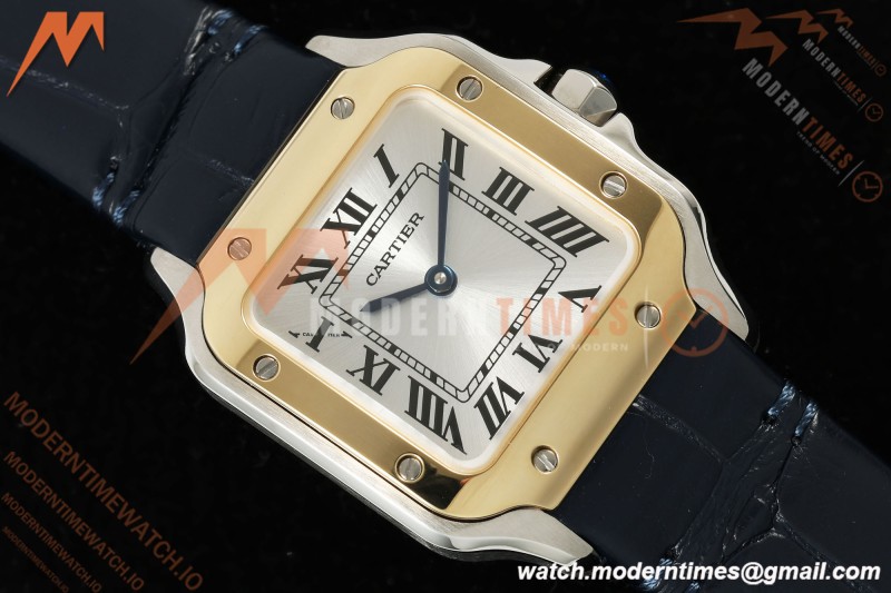 Cartier - Santos De Cartier 27mm YG/SS/Alligator Leather Silver Dial DRF Quartz