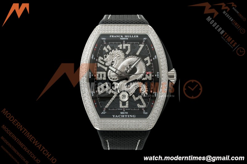 Franck Muller - Vanguard Yachting V45 Silver Dragon King Full Diamond Blk/Dia Black Nylon Strap ABF A2824