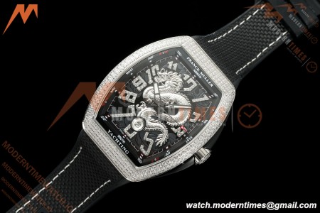 Franck Muller - Vanguard Yachting V45 Silver Dragon King Full Diamond Blk/Dia Black Nylon Strap ABF A2824