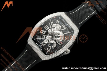 Franck Muller - Vanguard Yachting V45 Silver Dragon King Full Diamond Blk/Dia Black Nylon Strap ABF A2824