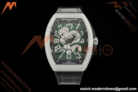 Franck Muller - Vanguard Yachting V45 Silver Dragon King Full Diamond Grn/Dia Black Leather Strap ABF A2824