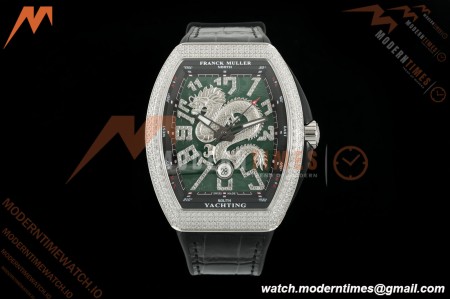 Franck Muller - Vanguard Yachting V45 Silver Dragon King Full Diamond Grn/Dia Black Leather Strap ABF A2824