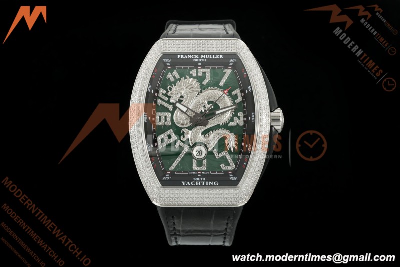 Franck Muller - Vanguard Yachting V45 Silver Dragon King Full Diamond Grn/Dia Black Leather Strap ABF A2824