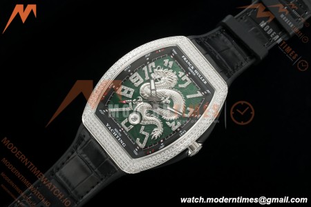 Franck Muller - Vanguard Yachting V45 Silver Dragon King Full Diamond Grn/Dia Black Leather Strap ABF A2824