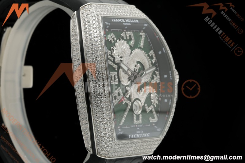 Franck Muller - Vanguard Yachting V45 Silver Dragon King Full Diamond Grn/Dia Black Leather Strap ABF A2824