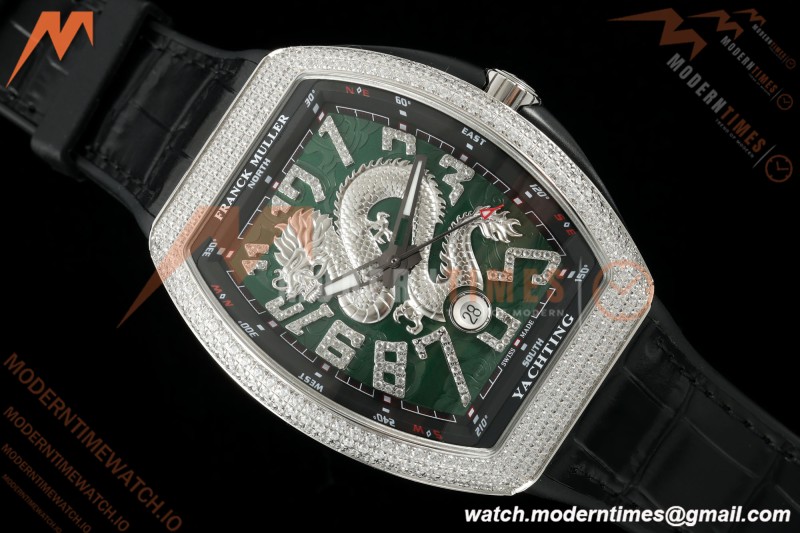 Franck Muller - Vanguard Yachting V45 Silver Dragon King Full Diamond Grn/Dia Black Leather Strap ABF A2824
