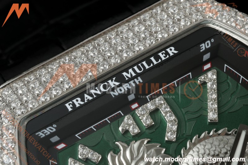 Franck Muller - Vanguard Yachting V45 Silver Dragon King Full Diamond Grn/Dia Black Leather Strap ABF A2824