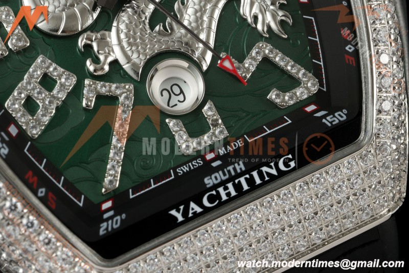 Franck Muller - Vanguard Yachting V45 Silver Dragon King Full Diamond Grn/Dia Black Leather Strap ABF A2824