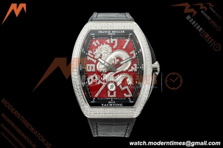 Franck Muller - Vanguard Yachting V45 Silver Dragon King Full Diamond Red/Dia Black Leather Strap ABF A2824
