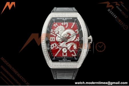 Franck Muller - Vanguard Yachting V45 Silver Dragon King Full Diamond Red/Dia Black Leather Strap ABF A2824