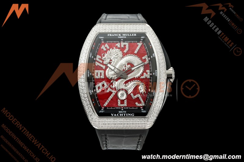Franck Muller - Vanguard Yachting V45 Silver Dragon King Full Diamond Red/Dia Black Leather Strap ABF A2824
