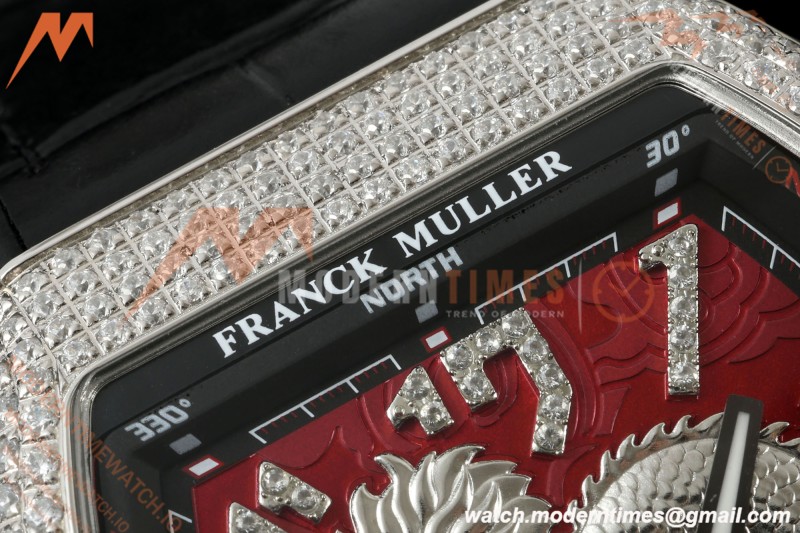 Franck Muller - Vanguard Yachting V45 Silver Dragon King Full Diamond Red/Dia Black Leather Strap ABF A2824
