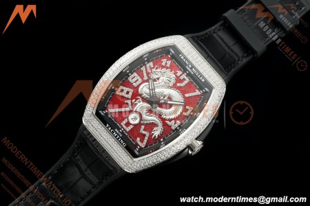 Franck Muller - Vanguard Yachting V45 Silver Dragon King Full Diamond Red/Dia Black Leather Strap ABF A2824
