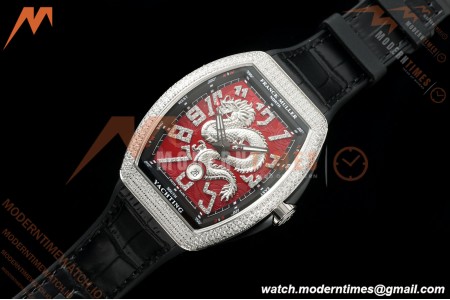 Franck Muller - Vanguard Yachting V45 Silver Dragon King Full Diamond Red/Dia Black Leather Strap ABF A2824