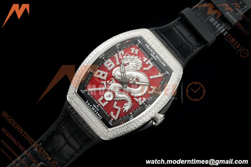 Franck Muller - Vanguard Yachting V45 Silver Dragon King Full Diamond Red/Dia Black Leather Strap ABF A2824