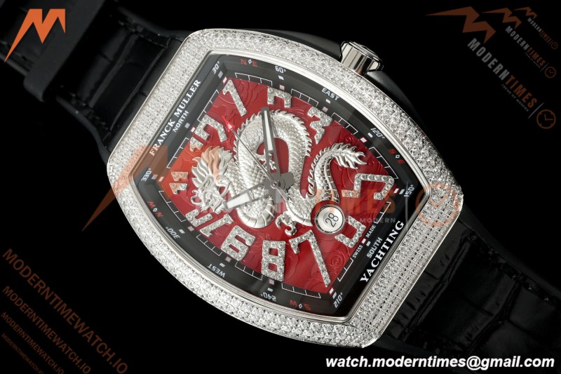 Franck Muller - Vanguard Yachting V45 Silver Dragon King Full Diamond Red/Dia Black Leather Strap ABF A2824