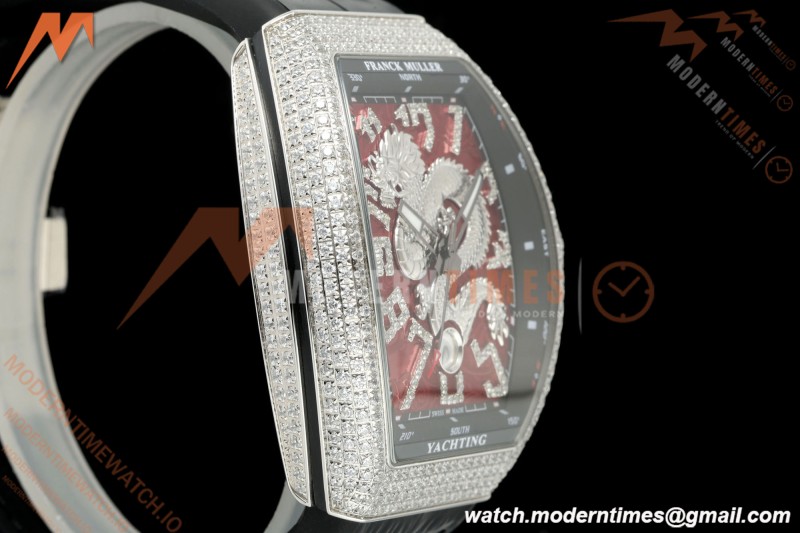 Franck Muller - Vanguard Yachting V45 Silver Dragon King Full Diamond Red/Dia Black Leather Strap ABF A2824