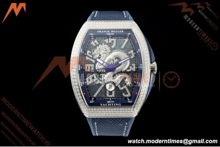 Franck Muller - Vanguard Yachting V45 Silver Dragon King Full Diamond Blu/Dia Blue Nylon Strap ABF A2824