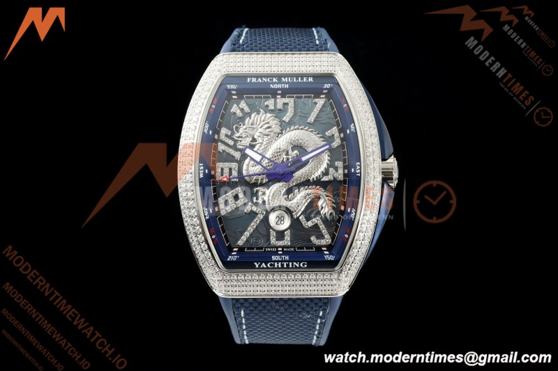Franck Muller - Vanguard Yachting V45 Silver Dragon King Full Diamond Blu/Dia Blue Nylon Strap ABF A2824 | 프랭크 뮬러 - 뱅가드 요팅 V45 실버 드래곤 킹 풀 다이아몬드 블루/다이아몬드 블루 나일론 스트랩 ABF A2824