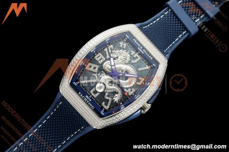 Franck Muller - Vanguard Yachting V45 Silver Dragon King Full Diamond Blu/Dia Blue Nylon Strap ABF A2824