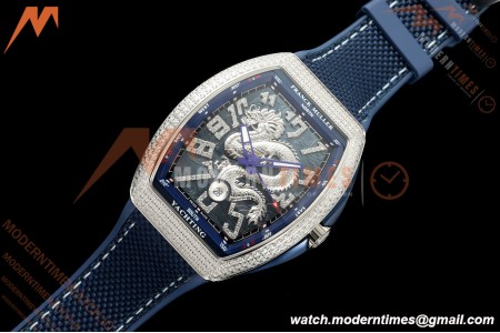 Franck Muller - Vanguard Yachting V45 Silver Dragon King Full Diamond Blu/Dia Blue Nylon Strap ABF A2824