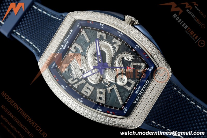 Franck Muller - Vanguard Yachting V45 Silver Dragon King Full Diamond Blu/Dia Blue Nylon Strap ABF A2824 | 프랭크 뮬러 - 뱅가드 요팅 V45 실버 드래곤 킹 풀 다이아몬드 블루/다이아몬드 블루 나일론 스트랩 ABF A2824
