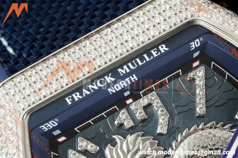 Franck Muller - Vanguard Yachting V45 Silver Dragon King Full Diamond Blu/Dia Blue Nylon Strap ABF A2824 | 프랭크 뮬러 - 뱅가드 요팅 V45 실버 드래곤 킹 풀 다이아몬드 블루/다이아몬드 블루 나일론 스트랩 ABF A2824