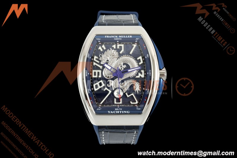 Franck Muller - Vanguard Yachting V45 Silver Dragon King Blu/Num Blue Leather Strap ABF A2824 | 프랭크 뮬러 - 뱅가드 요팅 V45 실버 드래곤 킹 블루/넘 블루 가죽 스트랩 ABF A2824