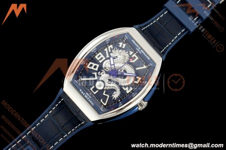 Franck Muller - Vanguard Yachting V45 Silver Dragon King Blu/Num Blue Leather Strap ABF A2824