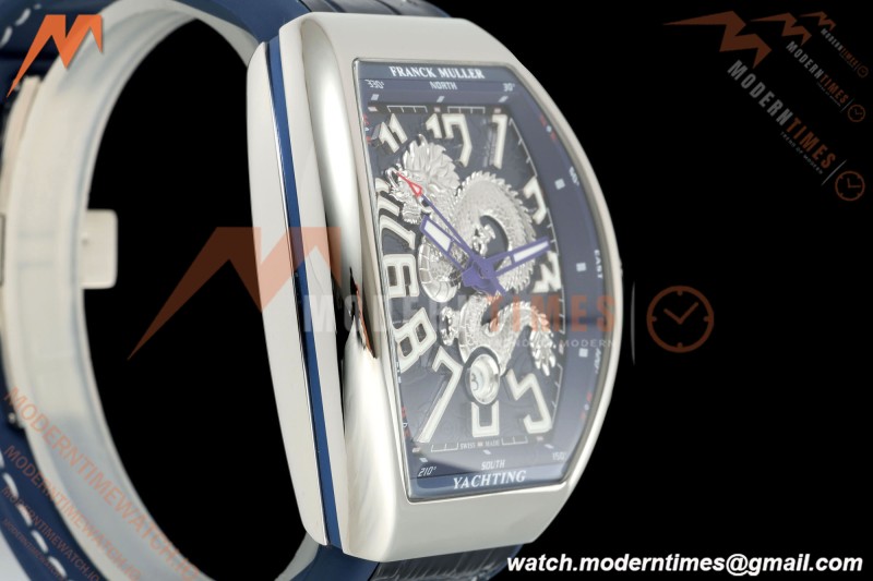 Franck Muller - Vanguard Yachting V45 Silver Dragon King Blu/Num Blue Leather Strap ABF A2824 | 프랭크 뮬러 - 뱅가드 요팅 V45 실버 드래곤 킹 블루/넘 블루 가죽 스트랩 ABF A2824