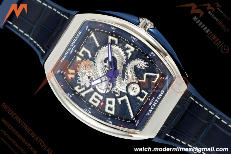 Franck Muller - Vanguard Yachting V45 Silver Dragon King Blu/Num Blue Leather Strap ABF A2824 | 프랭크 뮬러 - 뱅가드 요팅 V45 실버 드래곤 킹 블루/넘 블루 가죽 스트랩 ABF A2824